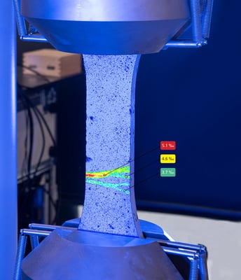Full-field strain localization on an ARAMIS tensile coupon, with measurement callouts pinpointing where strain concentrates long before failure Full-field strain localization on an ARAMIS tensile coupon, with measurement callouts pinpointing where strain concentrates long before failure