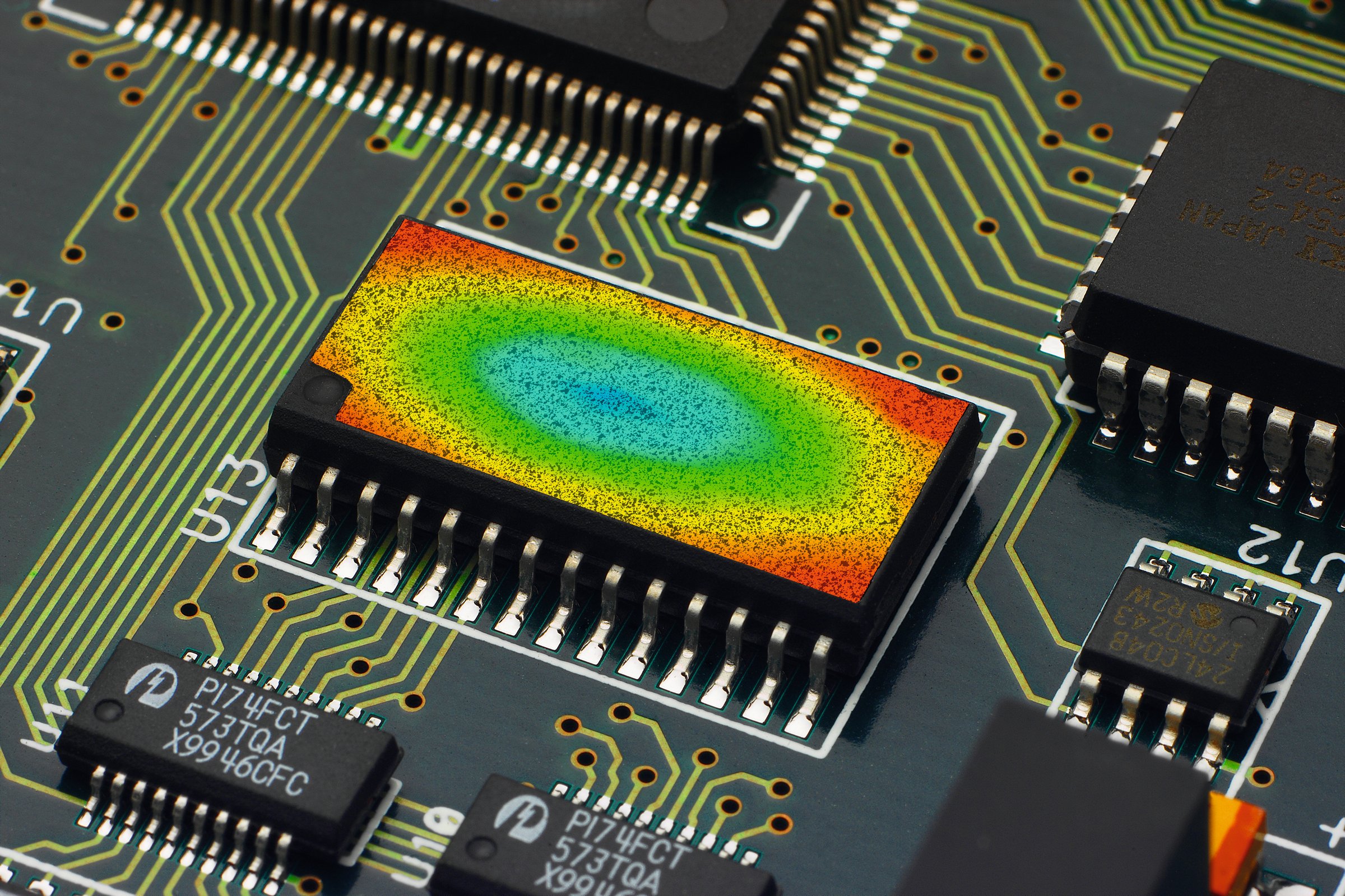 ARAMIS DIC strain map overlaid on an integrated circuit showing thermal deformation across the chip surface.