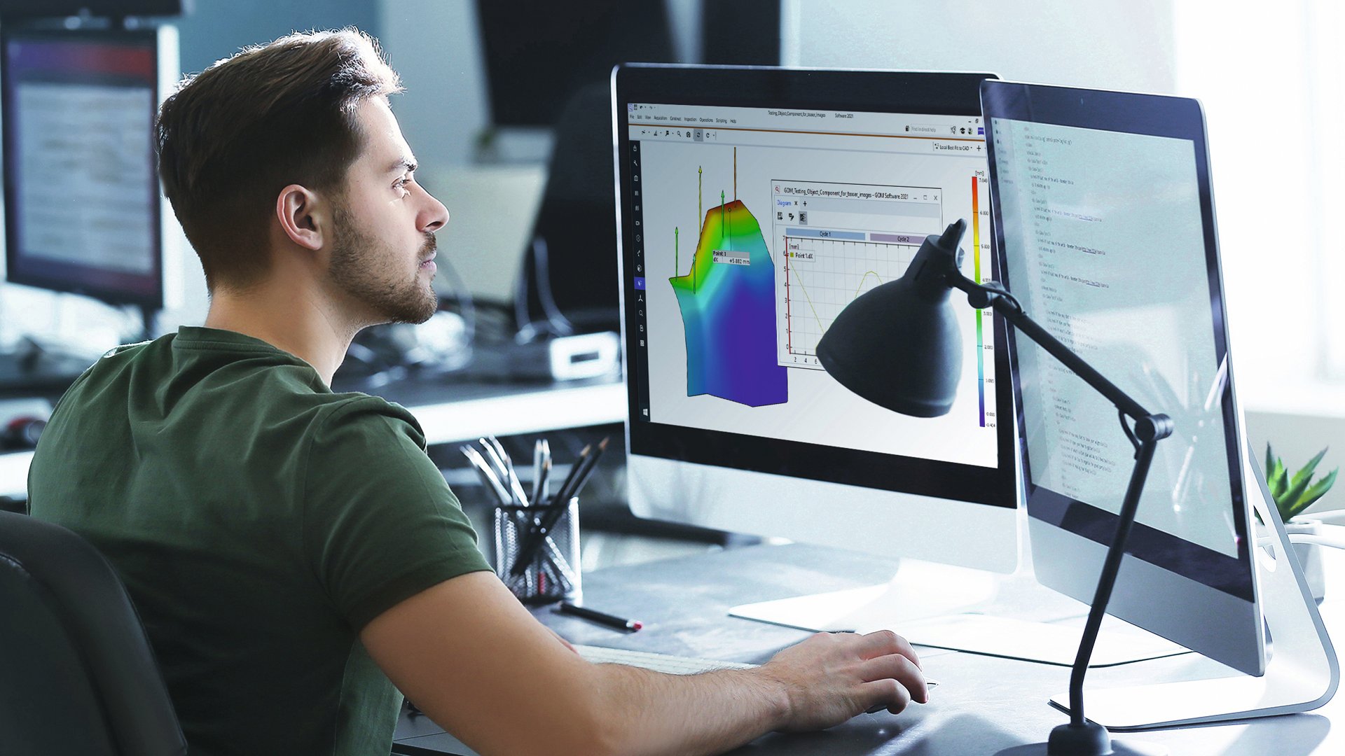 Engineer reviewing ZEISS Correlate software with a full-field strain map and cycle plot on the primary monitor.