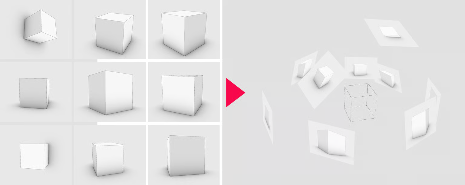 Nine photographs of a cube from different angles resolving into camera positions arranged around a reconstructed wireframe model